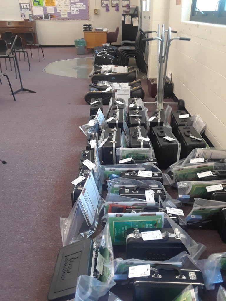 Lots of band instruments waiting for pick up!